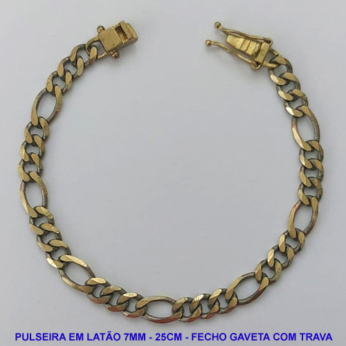 PULSEIRA NO BRUTO PRONTO PARA O BANHO - PULSEIRA 3X1 EM LATÃO (M31188) - COMPRIMENTO: 25CM - LARGURA 7MM - FECHO GAVETA TRAVA DUPLA - PESO 15,4GR - COMPOSIÇÃO: 100% LATÃO - BRU9708