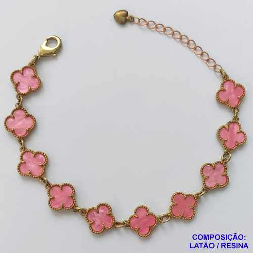 PULSEIRA NO BRUTO PRONTO PARA O BANHO - PULSEIRA COM 10 PINGENTES TIPO VAN CLEEF 11MM MADRE PÉROLA ROSADA - TAMANHO 18CM COM EXTENSOR E FECHO LAGOSTA - COMPOSIÇÃO: LATÃO / RESINA - PESO 6GR - BRU9711