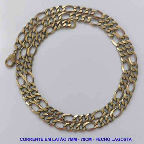 CORRENTE NO BRUTO PRONTO PARA O BANHO - CORRENTE 3X1 EM LATÃO (M31188) - COMPRIMENTO: 70CM - LARGURA 7MM - FECHO LAGOSTA - PESO 31,9GR - COMPOSIÇÃO: 100% LATÃO - BRU9715