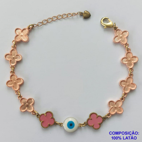 PULSEIRA NO BRUTO PRONTO PARA O BANHO - PULSEIRA COM 10 PINGENTES TIPO VAN CLEEF 11MM E OLHO GREGO NO CENTRO - TAMANHO 18CM COM EXTENSOR E FECHO LAGOSTA - COMPOSIÇÃO: 100% LATÃO - PESO 8,6GR - BRU9719