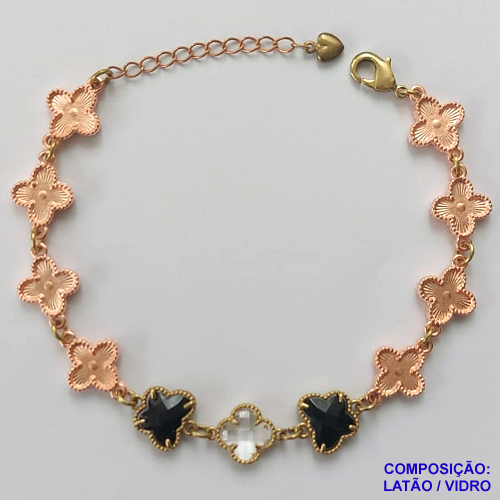 PULSEIRA NO BRUTO PRONTO PARA O BANHO - PULSEIRA COM 8 PINGENTES TIPO VAN CLEEF 11MM EM LATÃO E 3 PINGENTES EM VIDRO 11MM - TAMANHO 18CM COM EXTENSOR E FECHO LAGOSTA - COMPOSIÇÃO: LATÃO / VIDRO - PESO 9,9GR - BRU9720