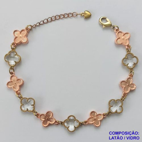 PULSEIRA NO BRUTO PRONTO PARA O BANHO - PULSEIRA COM 11 PINGENTES TIPO VAN CLEEF 11MM - TAMANHO 18CM COM EXTENSOR E FECHO LAGOSTA - COMPOSIÇÃO: LATÃO / VIDRO - PESO 9,5GR - BRU9722