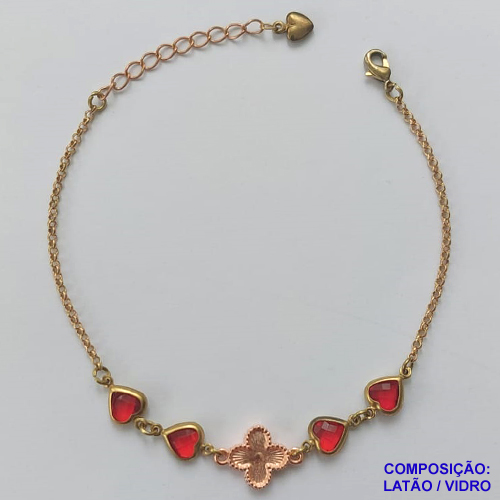 PULSEIRA NO BRUTO PRONTO PARA O BANHO - PULSEIRA TIPO VAN CLEEF 11MM COM 4 PINGENTES CORAÇÕES EM VIDRO VERMELHO - TAMANHO 18CM COM EXTENSOR E FECHO LAGOSTA - COMPOSIÇÃO: LATÃO / VIDRO - PESO 3GR - BRU9726