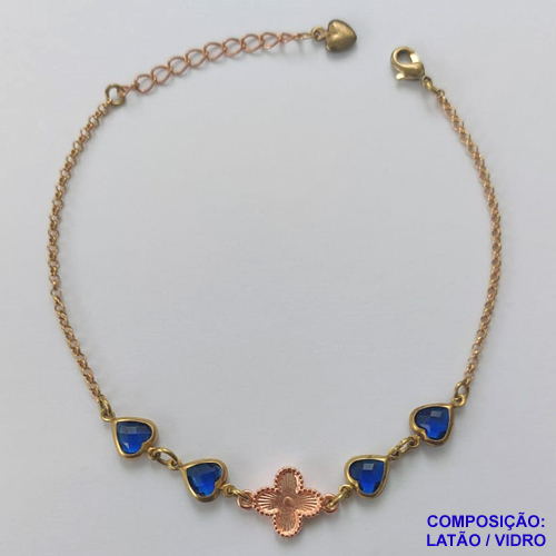PULSEIRA NO BRUTO PRONTO PARA O BANHO - PULSEIRA TIPO VAN CLEEF 11MM COM 4 PINGENTES CORAÇÕES EM VIDRO AZUL - TAMANHO 18CM COM EXTENSOR E FECHO LAGOSTA - COMPOSIÇÃO: LATÃO / VIDRO - PESO 3GR - BRU9727