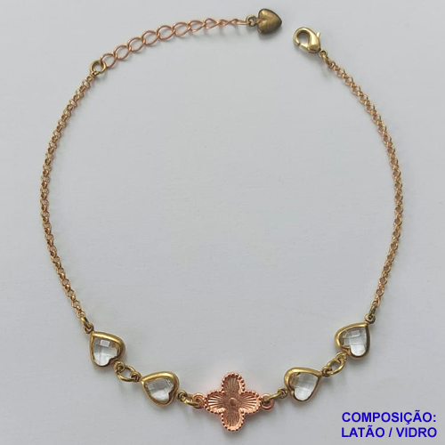 PULSEIRA NO BRUTO PRONTO PARA O BANHO - PULSEIRA TIPO VAN CLEEF 11MM COM 4 PINGENTES CORAÇÕES EM VIDRO CRISTAL - TAMANHO 18CM COM EXTENSOR E FECHO LAGOSTA - COMPOSIÇÃO: LATÃO / VIDRO - PESO 3GR - BRU9728