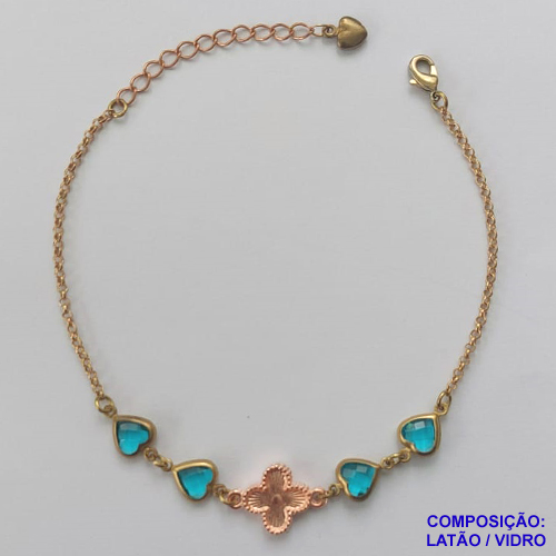 PULSEIRA NO BRUTO PRONTO PARA O BANHO - PULSEIRA TIPO VAN CLEEF 11MM COM 4 PINGENTES CORAÇÕES EM VIDRO AZUL CLARO - TAMANHO 18CM COM EXTENSOR E FECHO LAGOSTA - COMPOSIÇÃO: LATÃO / VIDRO - PESO 3GR - BRU9729