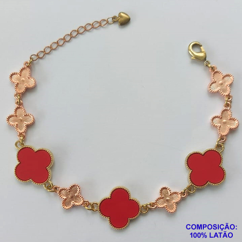 PULSEIRA NO BRUTO PRONTO PARA O BANHO - PULSEIRA COM 6 PINGENTES TIPO VAN CLEEF 11MM E 3 PINGENTES 17MM VERMELHO - TAMANHO 18CM COM EXTENSOR E FECHO LAGOSTA - COMPOSIÇÃO: LATÃO / RESINA - PESO 11GR - BRU9730