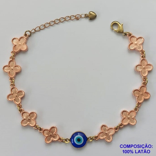 PULSEIRA NO BRUTO PRONTO PARA O BANHO - PULSEIRA COM 10 PINGENTES TIPO VAN CLEEF 11MM E OLHO GREGO NO CENTRO - TAMANHO 18CM COM EXTENSOR E FECHO LAGOSTA - COMPOSIÇÃO: 100% LATÃO - PESO 9,1GR - BRU9731