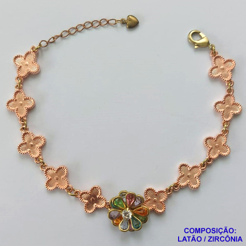 PULSEIRA NO BRUTO PRONTO PARA O BANHO - PULSEIRA COM 10 PINGENTES TIPO VAN CLEEF 11MM E FLOR COM ZIRCÔNIAS COLORIDAS - TAMANHO 18CM COM EXTENSOR E FECHO LAGOSTA - COMPOSIÇÃO: LATÃO / ZIRCÔNIA - PESO 10,3GR - BRU9732