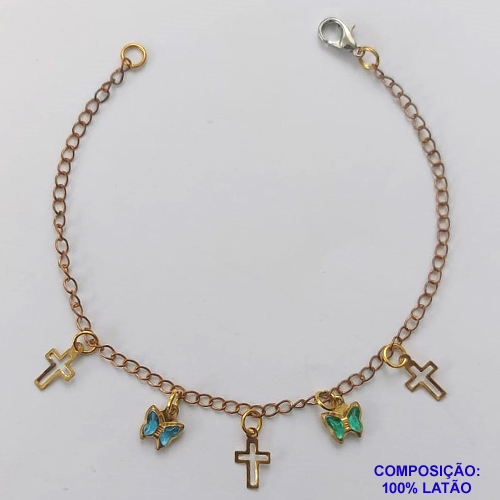 PULSEIRA NO BRUTO PRONTO PARA O BANHO(CX86) - PULSEIRA COM DUAS BORBOLETAS  E TRÊS CRUCIFIXOS VAZADOS - TAMANHO 18CM - PESO 1,3GR - BRU9737