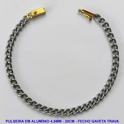 PULSEIRA NO BRUTO PRONTO PARA O BANHO - PULSEIRA EM ALUMÍNIO (A38) - COMPRIMENTO: 20CM - LARGURA 4,5MM - FECHO GAVETA COM TRAVA - PESO 2,9GR - COMPOSIÇÃO: ALUMÍNIO - BRU9738