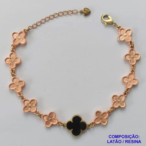 PULSEIRA NO BRUTO PRONTO PARA O BANHO - PULSEIRA COM 10 PINGENTES TIPO VAN CLEEF 11MM E 1 PINGENTE 14MM PRETO - TAMANHO 18CM COM EXTENSOR E FECHO LAGOSTA - COMPOSIÇÃO: LATÃO / RESINA - PESO 9,6GR - BRU9743