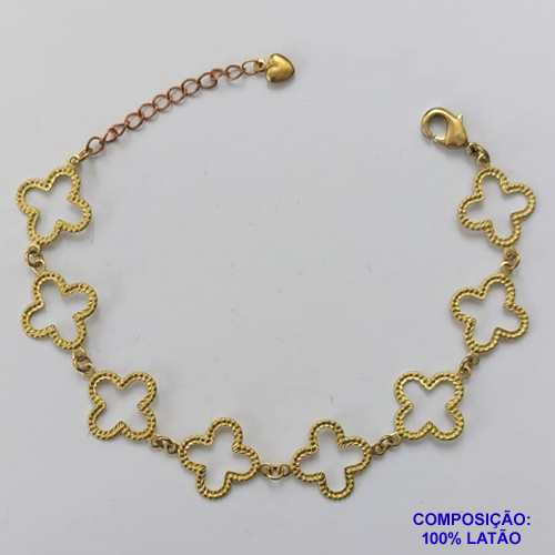 PULSEIRA NO BRUTO PRONTO PARA O BANHO - PULSEIRA COM 8 PINGENTES TIPO VAN CLEEF VAZADOS 14MM (E3217) - TAMANHO 18CM COM EXTENSOR E FECHO LAGOSTA - COMPOSIÇÃO: LATÃO - PESO 3,1GR - BRU9750