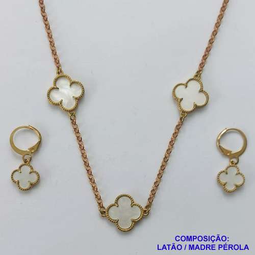 CONJUNTO NO BRUTO PRONTO PARA O BANHO - TIPO VAN CLEEF MADRE PÉROLA (SHOCKER E BRINCO) PINGENTE DE 14MM EM MADRE PÉROLA - PESO TOTAL 7,9GR - CORRENTE ELO PORTUGUÊS E FECHO LAGOSTA COM EXTENSOR BRU9751