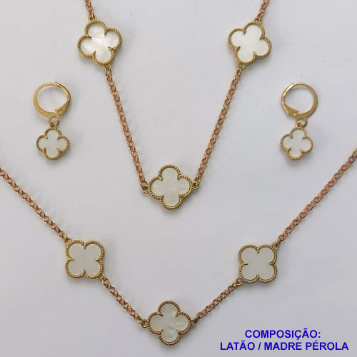 CONJUNTO NO BRUTO PRONTO PARA O BANHO - TIPO VAN CLEEF MADRE PÉROLA (SHOCKER, BRINCO E PULSEIRA) PINGENTE DE 10MM EM MADRE PÉROLA - PESO TOTAL 12,5GR - CORRENTE ELO PORTUGUÊS E FECHO LAGOSTA COM EXTENSOR BRU9752