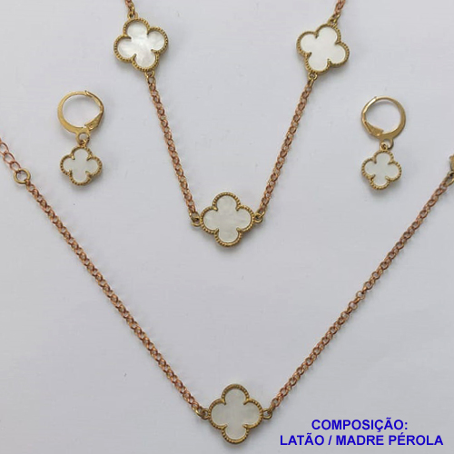 CONJUNTO NO BRUTO PRONTO PARA O BANHO - TIPO VAN CLEEF MADRE PÉROLA (SHOCKER, BRINCO E PULSEIRA) PINGENTE EM MADRE PÉROLA - PESO TOTAL 10,9GR - CORRENTE ELO PORTUGUÊS E FECHO LAGOSTA COM EXTENSOR BRU9753