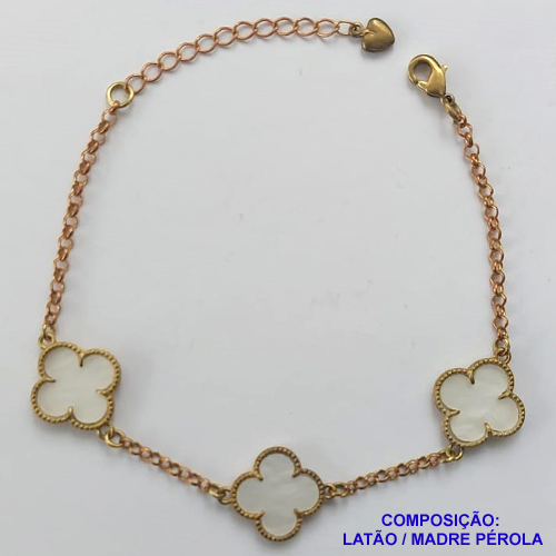 PULSEIRA NO BRUTO PRONTO PARA O BANHO  -  PULSEIRA FEMININA COM 3 PINGENTES TIPO VAN CLEEF 14MM MADRE PÉROLA- TAMANHO 18CM COM EXTENSOR E FECHO LAGOSTA - PESO 4,5GR - BRU9754