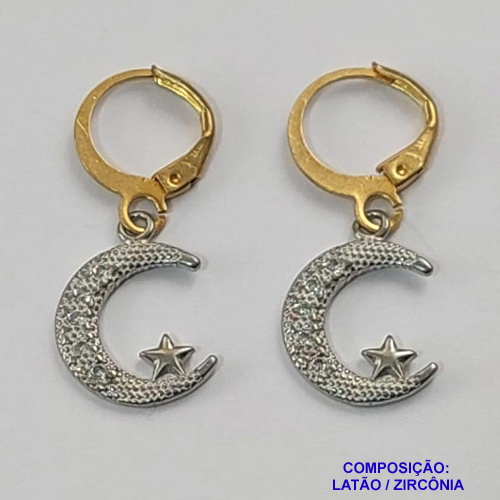 BRINCO NO BRUTO PRONTO PARA O BANHO (CX38) - BRINCO ARGOLINHA DE PRESSÃO (TRANQUETA) LUA CRAVEJADA EM ZIRCÔNIA (MAD) - TAMANHO 14MM PESO TOTAL 2,1GR - BRU9758