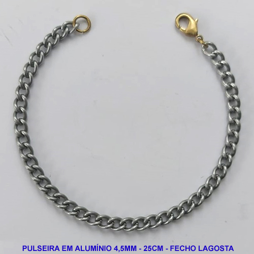PULSEIRA NO BRUTO PRONTO PARA O BANHO - PULSEIRA EM ALUMÍNIO (A38) - COMPRIMENTO: 25CM - LARGURA 4,5MM - FECHO LAGOSTA - PESO 3,3GR - COMPOSIÇÃO: ALUMÍNIO - BRU9764