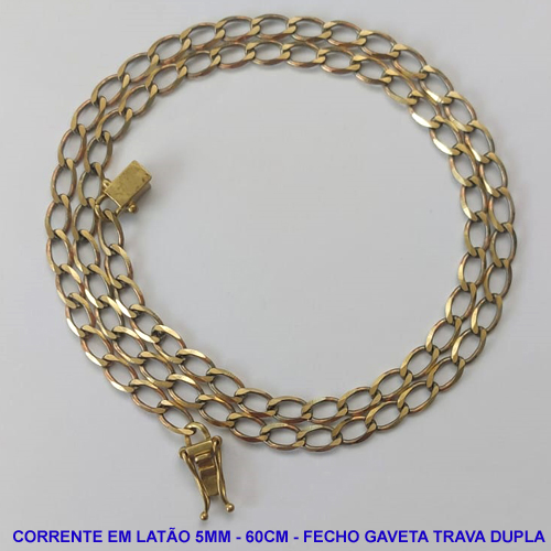 CORRENTE NO BRUTO PRONTO PARA O BANHO - CORRENTE EM LATÃO (M01128) - COMPRIMENTO: 60CM - LARGURA 5MM - FECHO GAVETA COM TRAVA DUPLA - PESO 15,8GR - COMPOSIÇÃO: 100% LATÃO - BRU9773