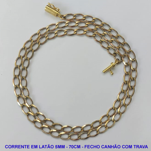 CORRENTE NO BRUTO PRONTO PARA O BANHO - CORRENTE LATÃO (M01128) - COMPRIMENTO: 70CM - LARGURA 5MM - FECHO CANHÃO COM TRAVA - PESO 18,1GR - COMPOSIÇÃO: 100% LATÃO - BRU9778