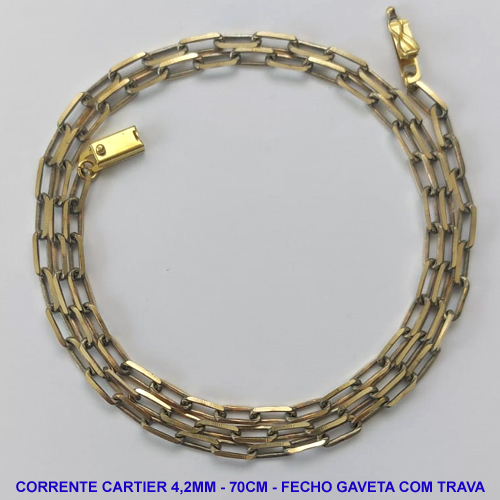 CORRENTE NO BRUTO PRONTO PARA O BANHO - CORRENTE CARTIER (KDL1.50) - COMPRIMENTO: 70CM - LARGURA 4,2MM - FECHO GAVETA COM TRAVA - PESO 17.3GR - COMPOSIÇÃO: 100% LATÃO - BRU9784