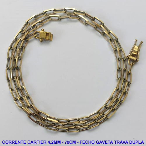 CORRENTE NO BRUTO PRONTO PARA O BANHO - CORRENTE CARTIER (KDL1.50) - COMPRIMENTO: 60CM - LARGURA 4,2MM - FECHO GAVETA COM TRAVA DUPLA - PESO 18,6GR - COMPOSIÇÃO: 100% LATÃO - BRU9787