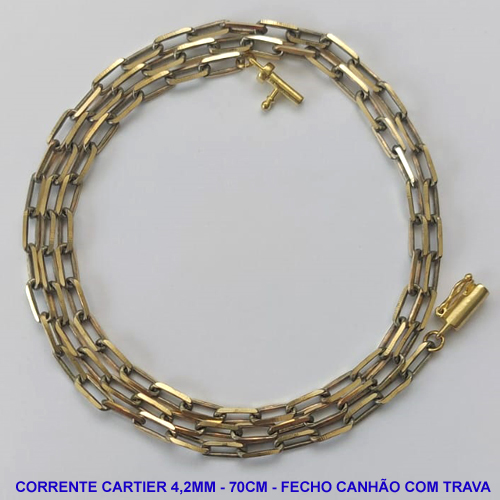 CORRENTE NO BRUTO PRONTO PARA O BANHO - CORRENTE CARTIER (KDL1.50) - COMPRIMENTO: 70CM - LARGURA 4,2MM - FECHO CANHÃO COM TRAVA - PESO 18,1GR - COMPOSIÇÃO: 100% LATÃO - BRU9790