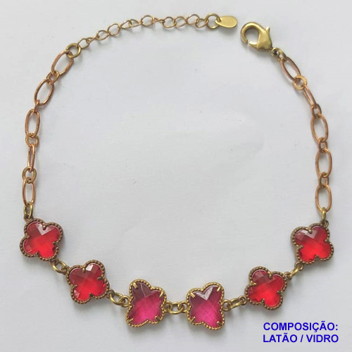 PULSEIRA NO BRUTO PRONTO PARA O BANHO - PULSEIRA COM 6 PINGENTES TIPO VAN CLEEF EM VIDRO VERMELHO - TAMANHO 18CM COM EXTENSOR E FECHO LAGOSTA - COMPOSIÇÃO: LATÃO / VIDRO - PESO 6,8GR - BRU9828