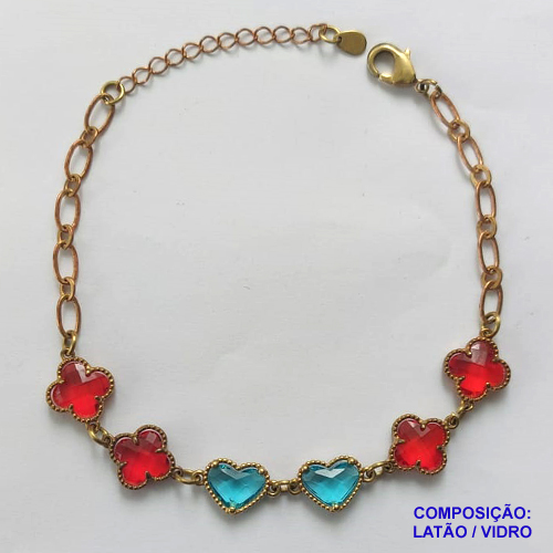 PULSEIRA NO BRUTO PRONTO PARA O BANHO - PULSEIRA COM 6 PINGENTES TIPO VAN CLEEF EM VIDRO  - TAMANHO 18CM COM EXTENSOR E FECHO LAGOSTA - COMPOSIÇÃO: LATÃO / VIDRO - PESO 6,4GR - BRU9829