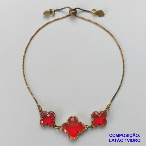 PULSEIRA GRAVATINHA NO BRUTO PRONTO PARA O BANHO - PULSEIRA AJUSTÁVEL TIPO VAN CLEEF COM PINGENTES EM VIDROS VERMELHOS - PESO 4,1GR - COMPOSIÇÃO: LATÃO / VIDRO - BRU9831