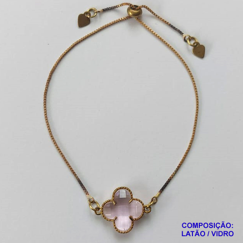 PULSEIRA GRAVATINHA NO BRUTO PRONTO PARA O BANHO - PULSEIRA AJUSTÁVEL TIPO VAN CLEEF COM PINGENTES EM VIDRO ROSA 14MM - PESO 2,4GR - COMPOSIÇÃO: LATÃO / VIDRO - BRU9834
