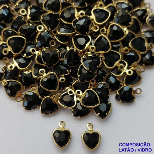 ACESSÓRIO NO BRUTO PRONTO PARA O BANHO - PINGENTE CORAÇÃO EM VIDRO  " 6MM " PRETO - COMPOSIÇÃO LATÃO / VIDRO - PESO 0,1GR - BRU0001613