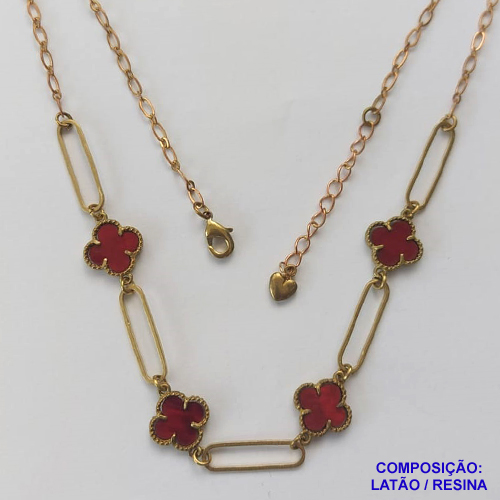SHOCKER NO BRUTO PRONTO PARA O BANHO TIPO VAN CLEEF COM 4 PINGENTES 11MM E ELEMENTOS VAZADOS - SHOCKER  COM CORRENTE LONGA DE 40CM + EXTENSOR - PESO TOTAL: 5,1GR - COMPOSIÇÃO: LATÃO / RESINA BRU9894