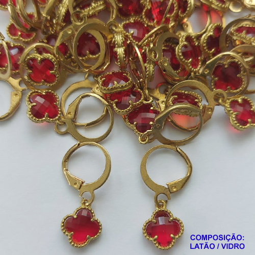 BRINCO NO BRUTO PRONTO PARA O BANHO(CX91) -  BRINCO ARGOLINHA DE PRESSÃO (TRANQUETA) COM PINGENTE TIPO VAN CLEEF 9MM VERMELHO - PESO 1,7GR - BRU9913
