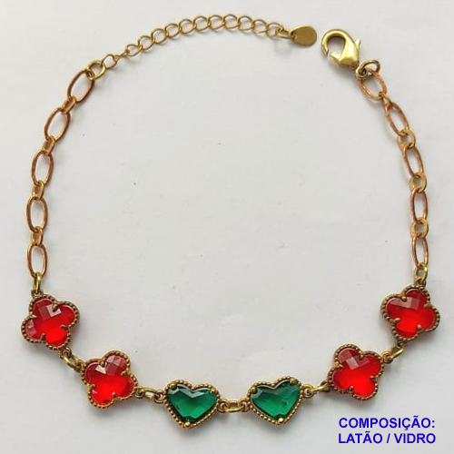 PULSEIRA NO BRUTO PRONTO PARA O BANHO - PULSEIRA COM 6 PINGENTES TIPO VAN CLEEF EM VIDRO 11MM - TAMANHO 18CM COM EXTENSOR E FECHO LAGOSTA - COMPOSIÇÃO: LATÃO / VIDRO - PESO 6,3GR - BRU9918