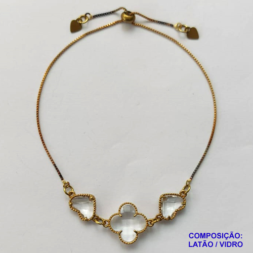 PULSEIRA GRAVATINHA NO BRUTO PRONTO PARA O BANHO - PULSEIRA AJUSTÁVEL TIPO VAN CLEEF COM PINGENTES EM VIDROS CRISTAIS 11MM E 15MM - PESO 4GR - COMPOSIÇÃO: LATÃO / VIDRO - BRU9920