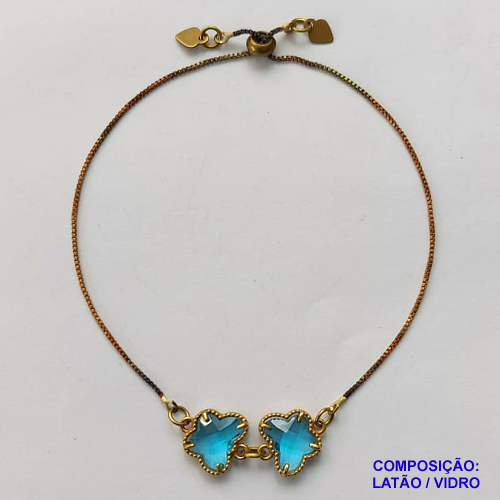 PULSEIRA GRAVATINHA NO BRUTO PRONTO PARA O BANHO - PULSEIRA AJUSTÁVEL TIPO VAN CLEEF COM PINGENTES EM VIDROS AZUIS 12MM - PESO 2,8GR - COMPOSIÇÃO: LATÃO / VIDRO - BRU9921
