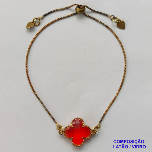 PULSEIRA GRAVATINHA NO BRUTO PRONTO PARA O BANHO - PULSEIRA AJUSTÁVEL TIPO VAN CLEEF COM PINGENTE EM VIDRO VERMELHA 15MM - PESO 2,6GR - COMPOSIÇÃO: LATÃO / VIDRO - BRU9922