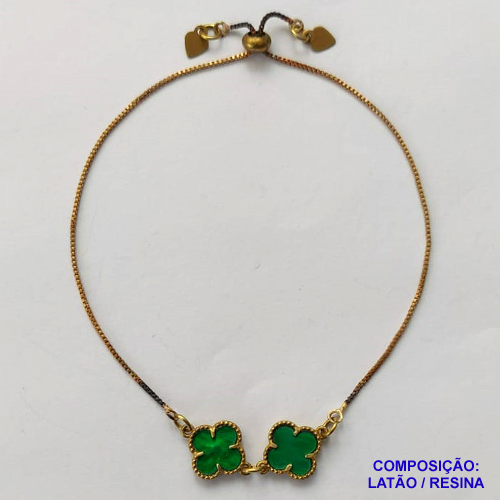 PULSEIRA GRAVATINHA NO BRUTO PRONTO PARA O BANHO - PULSEIRA AJUSTÁVEL TIPO VAN CLEEF COM PINGENTES EM RESINAS VERDES 11MM - PESO 2,1GR - COMPOSIÇÃO: LATÃO / RESINA - BRU9923
