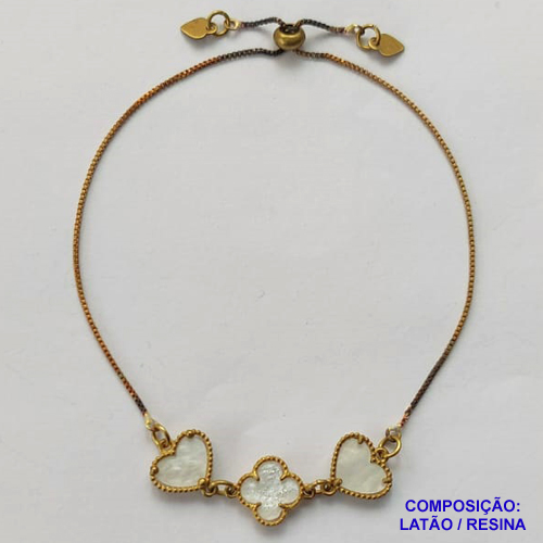 PULSEIRA GRAVATINHA NO BRUTO PRONTO PARA O BANHO - PULSEIRA AJUSTÁVEL TIPO VAN CLEEF COM PINGENTES EM RESINAS MADRE PÉROLA 11MM - PESO 2,6GR - COMPOSIÇÃO: LATÃO / RESINA - BRU9925