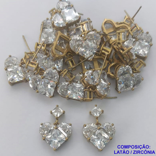 ACESSORIO BRINCO NO BRUTO PRONTO PARA O BANHO (CX38) - BRINCO DE PINO FORMATO CORAÇÃO TODO EM ZIRCÔNIA - TAMANHO 20MM - PESO TOTAL 4,7GR - COMPOSIÇÃO: LATÃO / ZIRCÔNIA  - BRU0001633