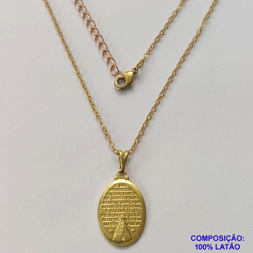 GARGANTILHA NO BRUTO PRONTO PARA O BANHO - (3269) CORRENTE CADEADO DE 45CM COM EXTENSOR E FECHO LAGOSTA - COM PINGENTE OVAL NOSSA SRA APARECIDA 13X22MM - 3,2GR  - BRU9981