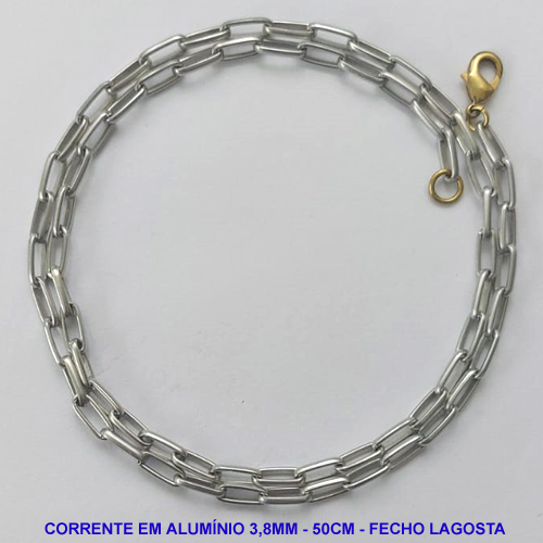 CORRENTE MASCULINA NO BRUTO PRONTO PARA O BANHO - CORRENTE EM ALÚMINIO (A11) - TAMANHO 50CM - LARGURA 3,8MM - FECHO LAGOSTA - PESO 4,4GR - COMPOSIÇÃO: ALUMÍNIO - BRU9990