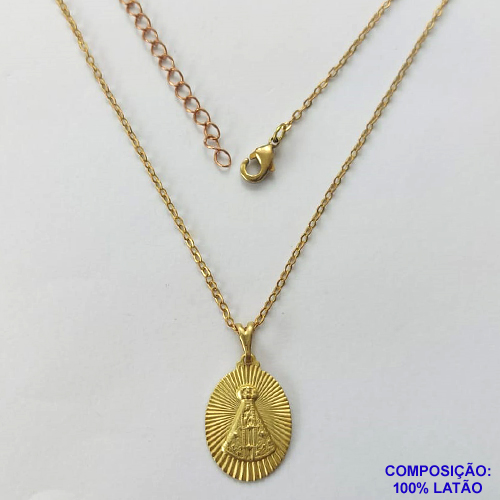 GARGANTILHA NO BRUTO PRONTO PARA O BANHO - CORRENTE CADEADO DE 45CM COM EXTENSOR E FECHO LAGOSTA - PINGENTE NOSSA SRA APARECIDA OVAL (E2604) - 2,9GR  - BRU9997