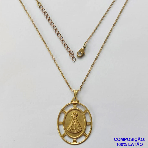 GARGANTILHA NO BRUTO PRONTO PARA O BANHO - CORRENTE CADEADO DE 45CM COM EXTENSOR E FECHO LAGOSTA - PINGENTE NOSSA SRA APARECIDA OVAL  VAZADO (E2183) - 3GR  - BRU9999