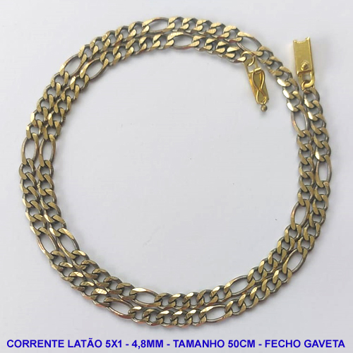 CORRENTE NO BRUTO PRONTO PARA O BANHO - CORRENTE EM LATÃO 5X1 (M51128) - TAMANHO 50CM - LARGURA 4,8MM - FECHO GAVETA COM TRAVA - PESO 15,2GR - COMPOSIÇÃO: 100% LATÃO - BRU10018