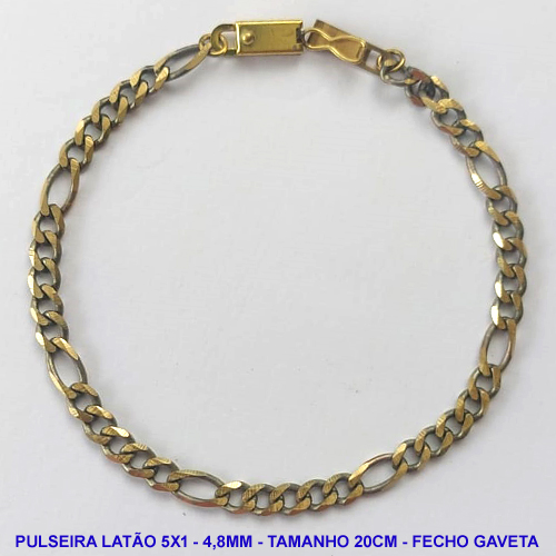 PULSEIRA NO BRUTO PRONTO PARA O BANHO - PULSEIRA EM LATÃO 5X1 (M51128) - TAMANHO 20CM - LARGURA 4,8MM - FECHO GAVETA COM TRAVA - PESO 6,8GR - COMPOSIÇÃO: 100% LATÃO - BRU10021