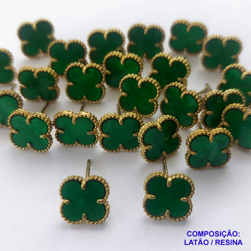 BRINCO NO BRUTO PRONTO PARA O BANHO(CX44) -  BRINCO DE PINO COM PINGENTE TIPO VAN CLEEF 10MM VERDE - COMPOSIÇÃO: LATÃO / RESINA - PESO 1,5GR - BRU10024