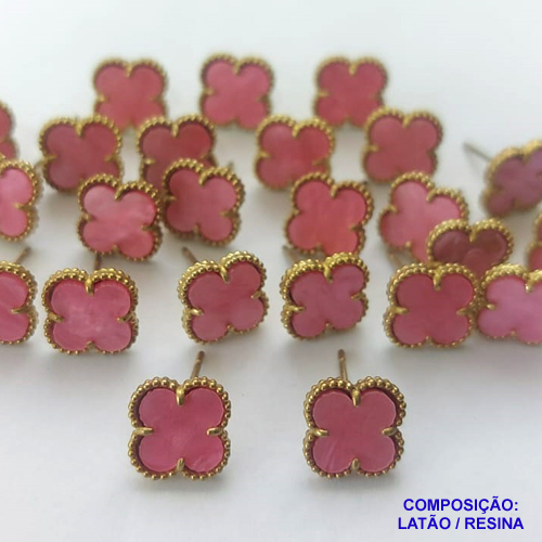 BRINCO NO BRUTO PRONTO PARA O BANHO (CX44) -  BRINCO DE PINO COM PINGENTE TIPO VAN CLEEF 10MM ROSA - COMPOSIÇÃO: LATÃO / RESINA - PESO 1,5GR - BRU10025